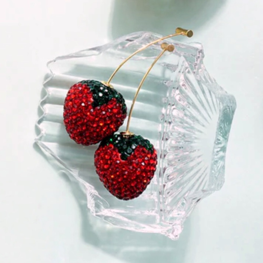 New Free People Strawberry And Stem Fruit Threader Dangle Earrings - Picture 4 of 15